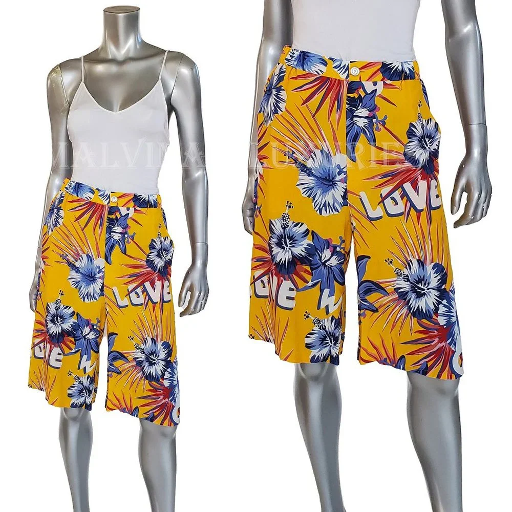 GUCCI CROPPED PANTS HAWAIIAN BERMUDA SHORTS HIBISCUS LEAVES PRINT sz IT 38 US 2